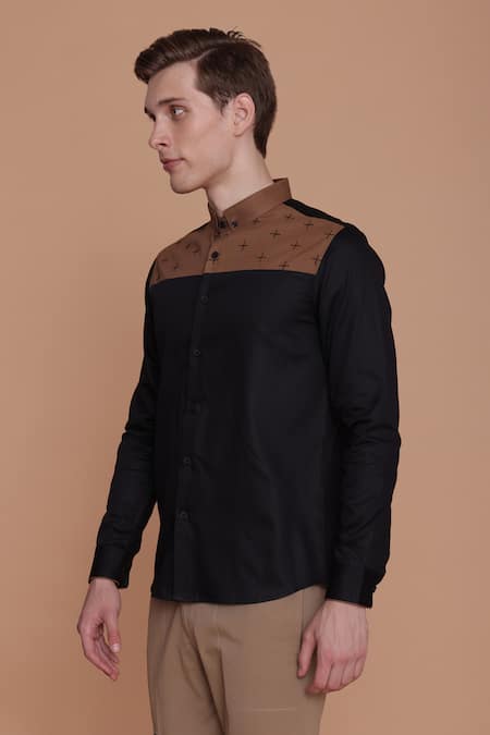 Lacquer Embassy_Black Cotton Satin Embroidery Plus Thread Shirt _Online_at_Aza_Fashions