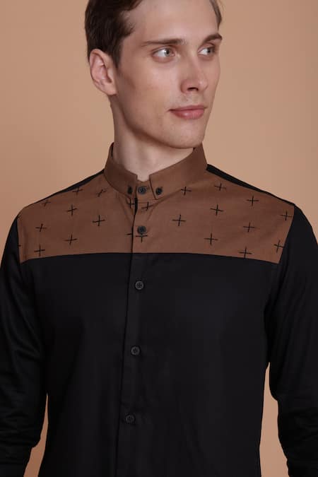 Buy_Lacquer Embassy_Black Cotton Satin Embroidery Plus Thread Shirt _Online_at_Aza_Fashions