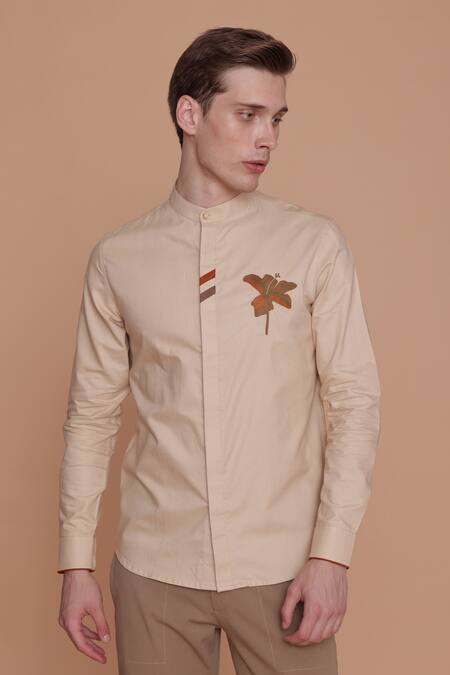 Lacquer Embassy_Beige Cotton Embroidery Floral Shirt _Online_at_Aza_Fashions