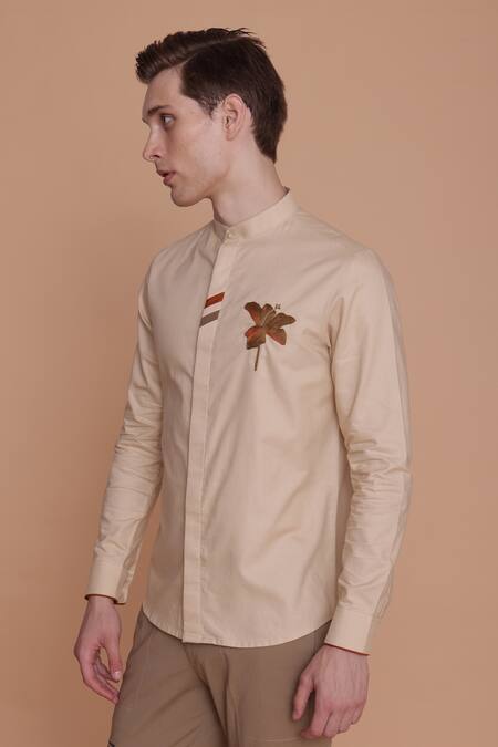 Buy_Lacquer Embassy_Beige Cotton Embroidery Floral Shirt _Online_at_Aza_Fashions