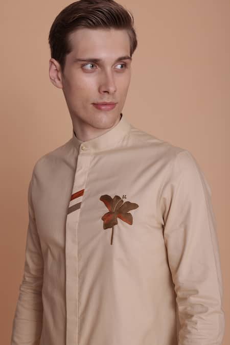 Shop_Lacquer Embassy_Beige Cotton Embroidery Floral Shirt _Online_at_Aza_Fashions