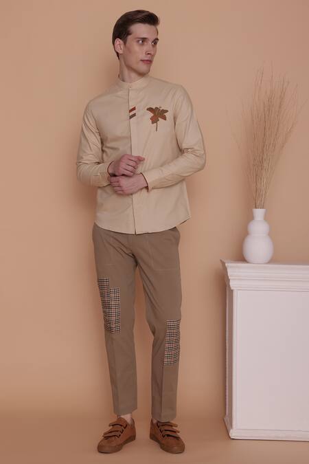 Lacquer Embassy_Beige Cotton Embroidery Floral Shirt _at_Aza_Fashions
