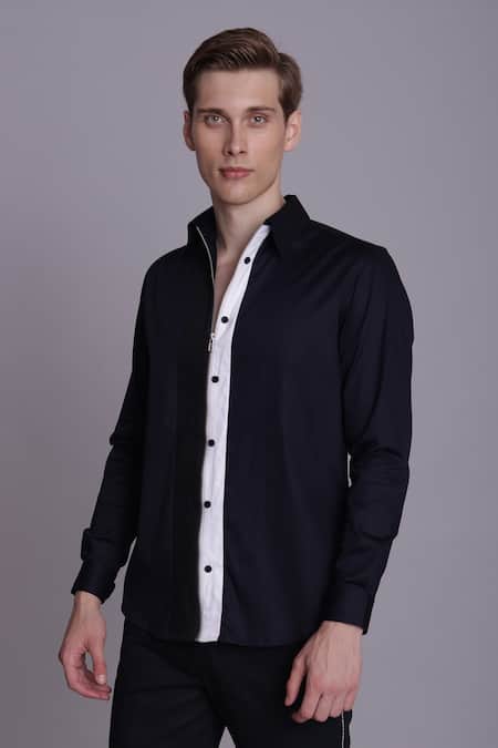 Lacquer Embassy_Navy Cotton Contrast Placket Zipper Detail Shirt _Online_at_Aza_Fashions