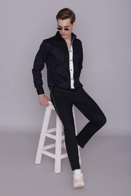 Shop_Lacquer Embassy_Navy Cotton Contrast Placket Zipper Detail Shirt _Online_at_Aza_Fashions