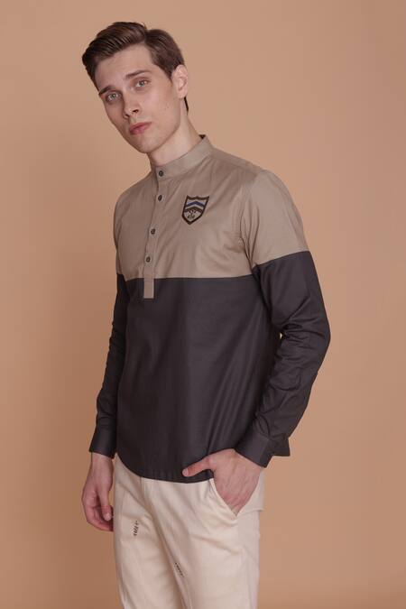 Lacquer Embassy_Beige Cotton Embroidery Pampas Color Block Shirt _Online_at_Aza_Fashions