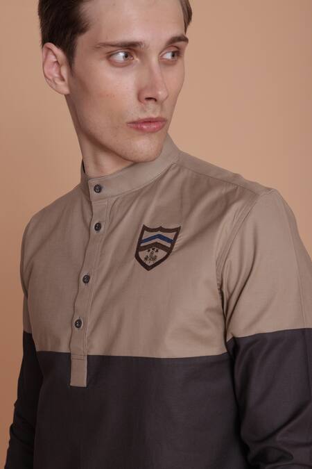 Buy_Lacquer Embassy_Beige Cotton Embroidery Pampas Color Block Shirt _Online_at_Aza_Fashions