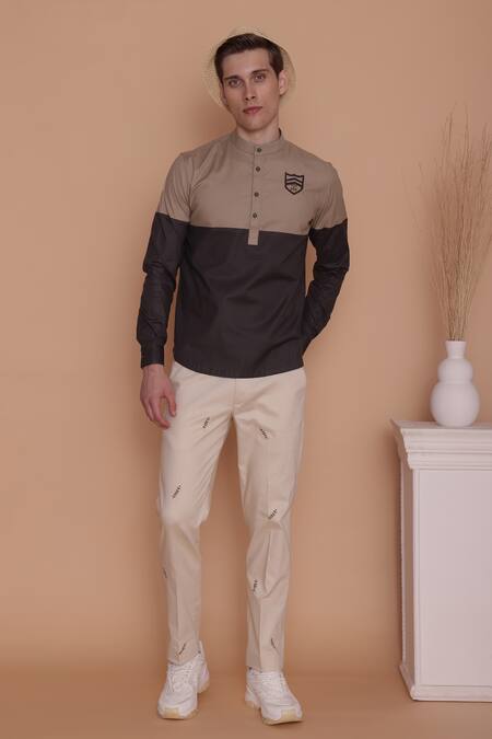 Shop_Lacquer Embassy_Beige Cotton Embroidery Pampas Color Block Shirt _Online_at_Aza_Fashions
