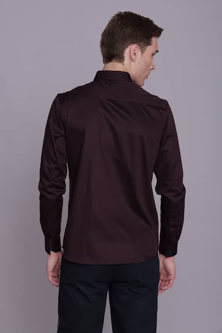 Shop_Lacquer Embassy_Wine Cotton Satin Embroidery Placement Floral Shirt _at_Aza_Fashions