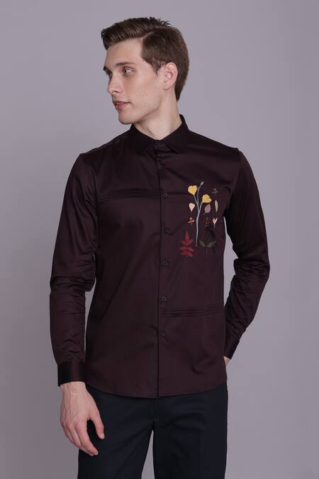 Lacquer Embassy_Wine Cotton Satin Embroidery Placement Floral Shirt _Online_at_Aza_Fashions