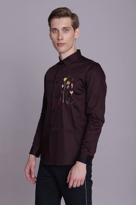 Buy_Lacquer Embassy_Wine Cotton Satin Embroidery Placement Floral Shirt _Online_at_Aza_Fashions