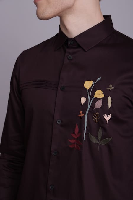 Shop_Lacquer Embassy_Wine Cotton Satin Embroidery Placement Floral Shirt _Online_at_Aza_Fashions