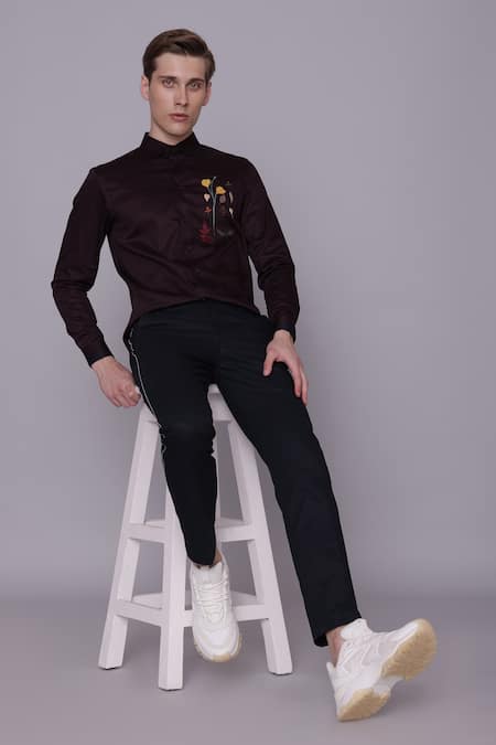 Lacquer Embassy_Wine Cotton Satin Embroidery Placement Floral Shirt _at_Aza_Fashions