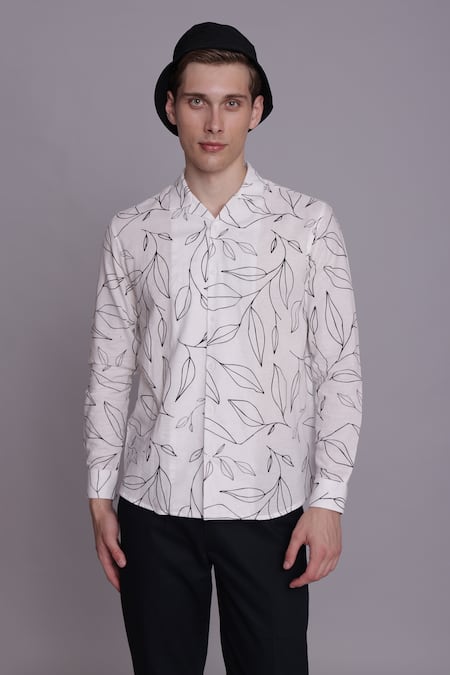 Lacquer Embassy White Cotton Flex Print Falling Leaves Prairie Shirt 