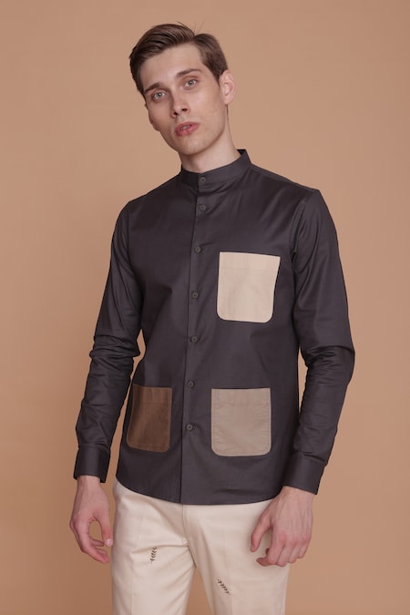 Lacquer Embassy Grey Cotton Placement Patch Work Savanna Shirt 