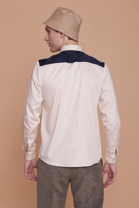 Shop_Lacquer Embassy_Off White Cotton Satin Placement Panels Collared Neck Full Sleeves Shirt_at_Aza_Fashions