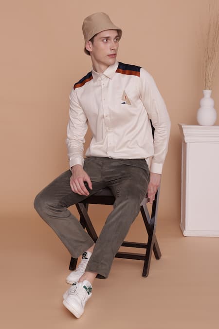 Lacquer Embassy_Off White Cotton Satin Placement Panels Collared Neck Full Sleeves Shirt_Online_at_Aza_Fashions