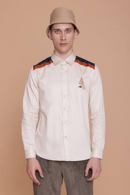 Buy_Lacquer Embassy_Off White Cotton Satin Placement Panels Collared Neck Full Sleeves Shirt_Online_at_Aza_Fashions