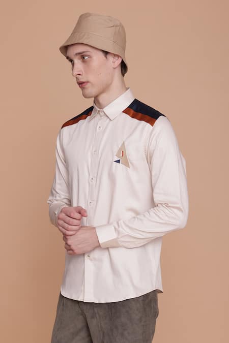 Shop_Lacquer Embassy_Off White Cotton Satin Placement Panels Collared Neck Full Sleeves Shirt_Online_at_Aza_Fashions