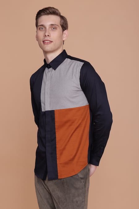 Lacquer Embassy_Blue Cotton Color Block Placement Chequered Shirt _Online_at_Aza_Fashions