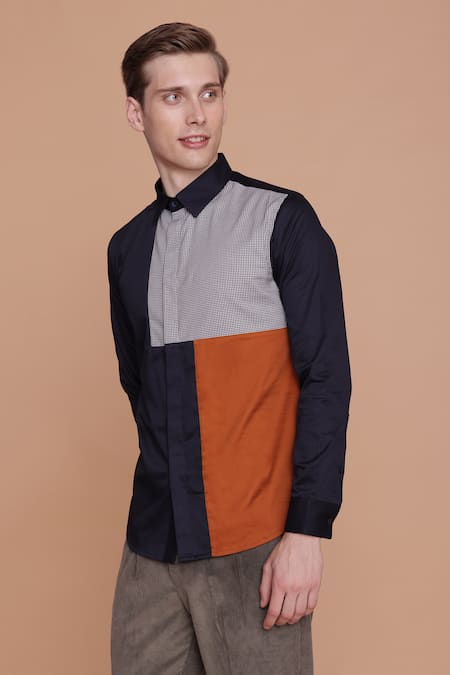 Buy_Lacquer Embassy_Blue Cotton Color Block Placement Chequered Shirt _Online_at_Aza_Fashions