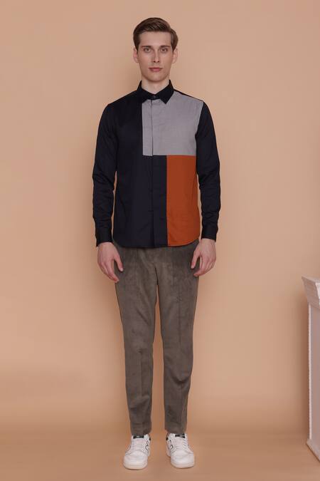 Shop_Lacquer Embassy_Blue Cotton Color Block Placement Chequered Shirt _Online_at_Aza_Fashions