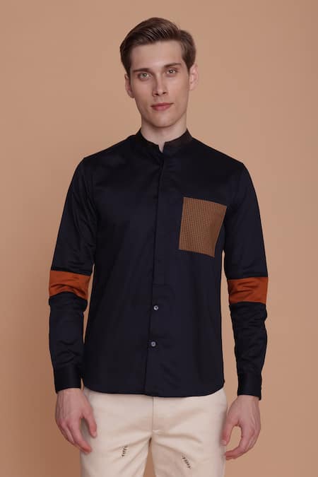 Lacquer Embassy Blue Cotton Satin Placement Chequered Tasman Contrast Patch Work Shirt 