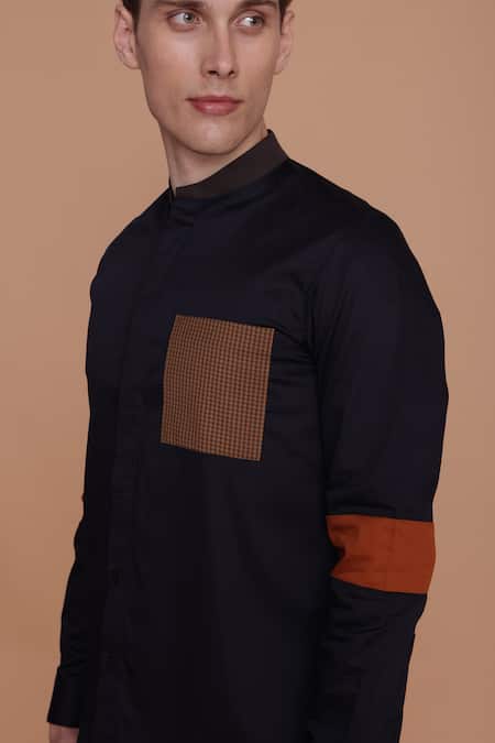 Buy_Lacquer Embassy_Navy Cotton Satin Patchwork Contrast Work Chequered Shirt _Online_at_Aza_Fashions