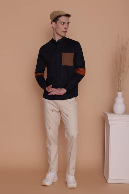 Shop_Lacquer Embassy_Navy Cotton Satin Patchwork Contrast Work Chequered Shirt _Online_at_Aza_Fashions