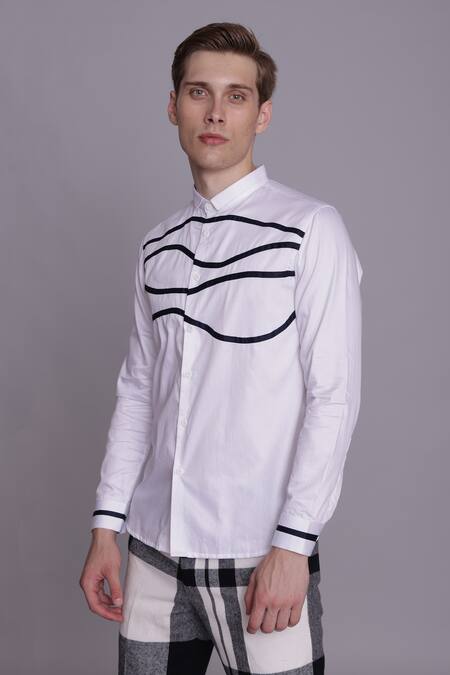 Lacquer Embassy_White Cotton Satin Placement Print Wave Shirt _Online_at_Aza_Fashions