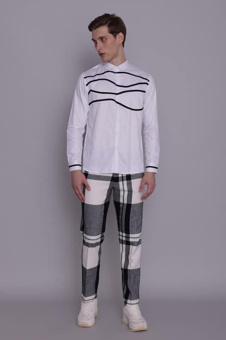 Lacquer Embassy_White Cotton Satin Placement Print Wave Shirt _at_Aza_Fashions