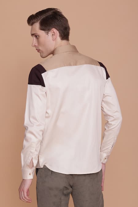 Shop_Lacquer Embassy_Off White Cotton Zemu Color Block Shirt _at_Aza_Fashions