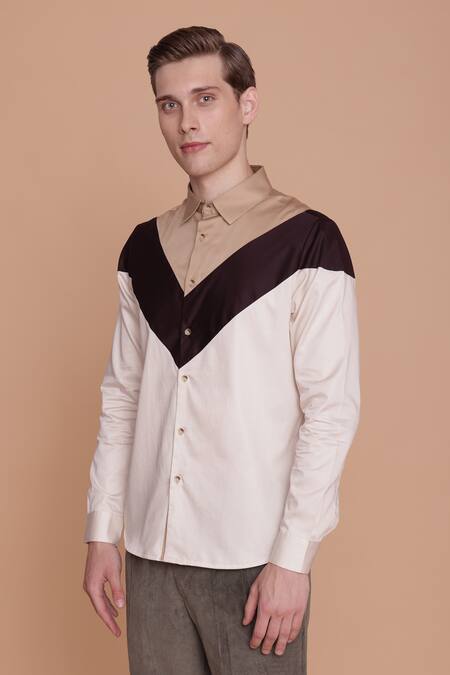 Lacquer Embassy_Off White Cotton Zemu Color Block Shirt _Online_at_Aza_Fashions