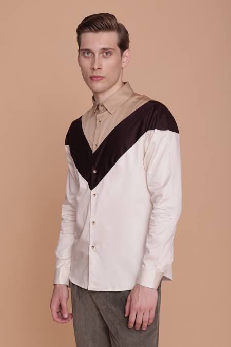 Buy_Lacquer Embassy_Off White Cotton Zemu Color Block Shirt _Online_at_Aza_Fashions