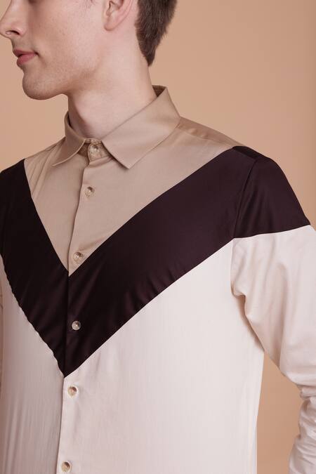 Shop_Lacquer Embassy_Off White Cotton Zemu Color Block Shirt _Online_at_Aza_Fashions