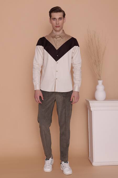 Lacquer Embassy_Off White Cotton Zemu Color Block Shirt _at_Aza_Fashions