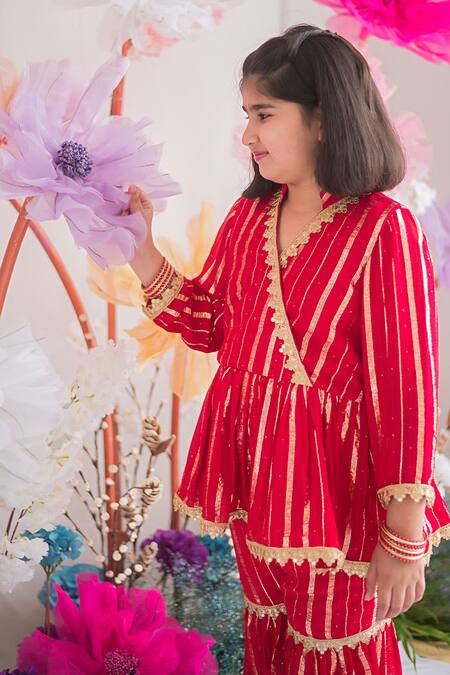 Ranikidswear Red Lurex Embellished And Woven Stripe Pattern Gulabo Peplum Kurta & Gharara Set Online at Aza Fashions Ranikidswear_Red Lurex Embellished And Woven Stripe Pattern Gulabo Peplum Kurta & Gharara Set_Online_at_Aza_Fashions