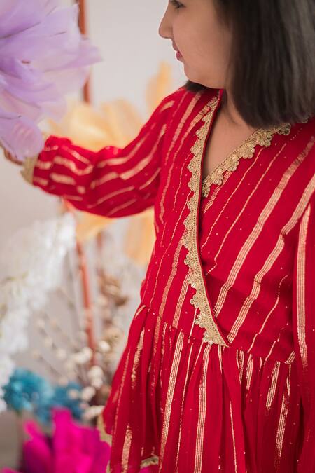 Buy Ranikidswear Red Lurex Embellished And Woven Stripe Pattern Gulabo Peplum Kurta & Gharara Set Online at Aza Fashions Buy_Ranikidswear_Red Lurex Embellished And Woven Stripe Pattern Gulabo Peplum Kurta & Gharara Set_Online_at_Aza_Fashions