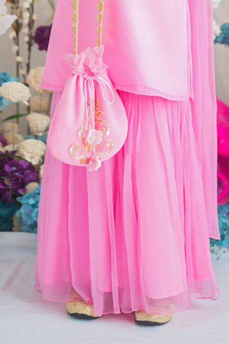 Ranikidswear_Pink Chiffon Embroidery Bead Kamal Cape Gharara Set_Online_at_Aza_Fashions