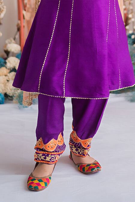 Ranikidswear_Purple Chiffon Embroidery Applique Pataka Kurta Pant Set_Online_at_Aza_Fashions