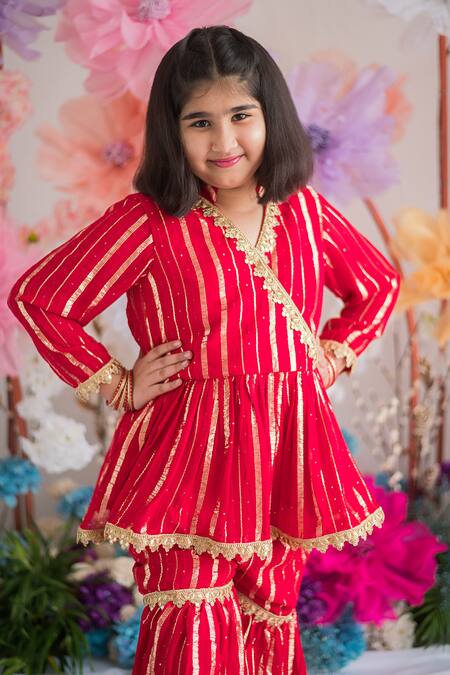 Shop Ranikidswear Red Lurex Embellished And Woven Stripe Pattern Gulabo Peplum Kurta & Gharara Set at Aza Fashions Shop_Ranikidswear_Red Lurex Embellished And Woven Stripe Pattern Gulabo Peplum Kurta & Gharara Set_at_Aza_Fashions
