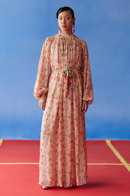 Uri by Mrunalini Rao Multi Color Organic Fabric Bloom Eden Print Maxi Dress With Belt  