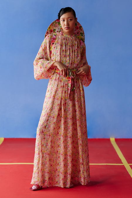 Shop Uri By Mrunalini Rao Multi Color Cotton Round Neck Eden Bloom Garden Print Maxi Dress With Belt Online at Aza Fashions Shop_Uri By Mrunalini Rao_Multi Color Cotton Round Neck Eden Bloom Garden Print Maxi Dress With Belt _Online_at_Aza_Fashions