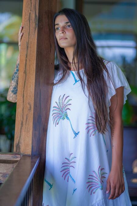 Aliaum_White Cotton Round Neck Palm Tree Print Midi Dress _Online_at_Aza_Fashions