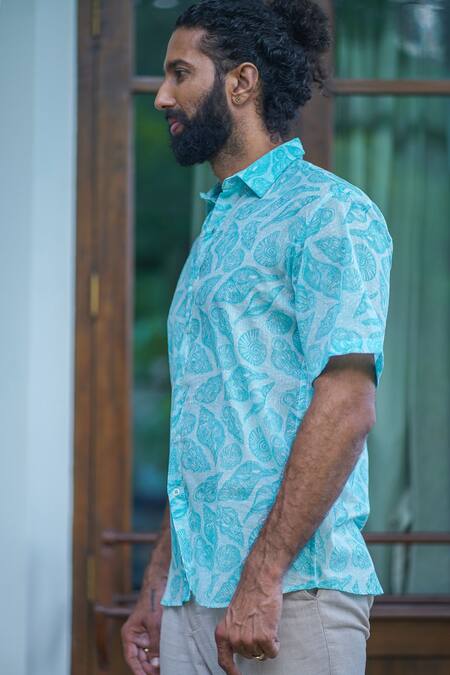 Aliaum_Blue Cotton Conch Shells Print Shirt_Online_at_Aza_Fashions