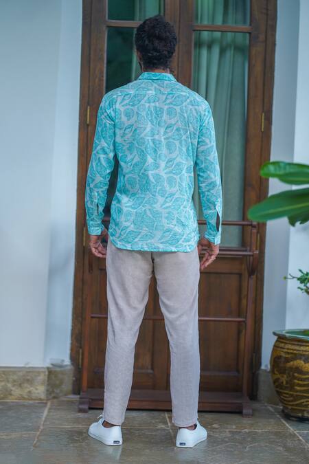 Shop_Aliaum_Blue Cotton Embroidery Conch Shells Print Full Sleeves Shirt_at_Aza_Fashions