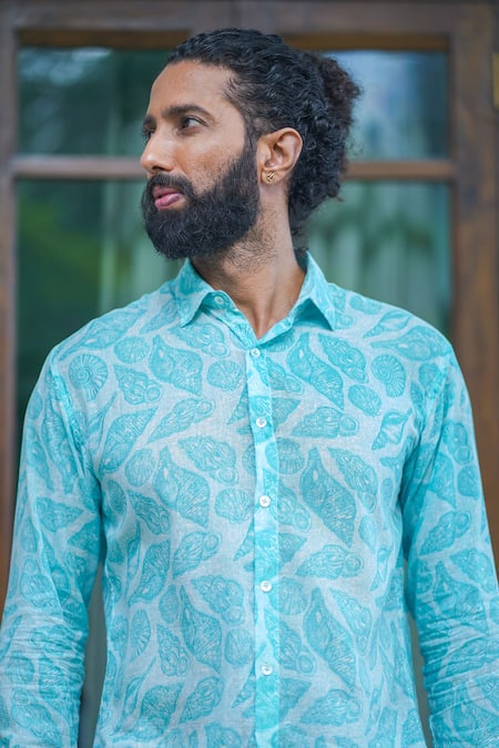 Aliaum_Blue Cotton Embroidery Conch Shells Print Full Sleeves Shirt_Online_at_Aza_Fashions