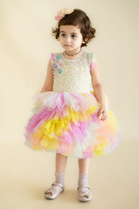 Ruchika Lath Label White Tulle Pearls, Sequins Colore Embellished Dress 