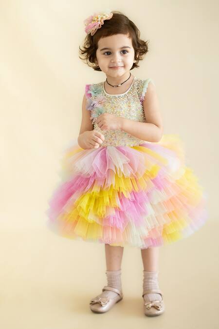 Shop Ruchika Lath Label White Tulle Pearls, Sequins Colore Embellished Dress Online at Aza Fashions Shop_Ruchika Lath Label_White Tulle Pearls, Sequins Colore Embellished Dress _Online_at_Aza_Fashions