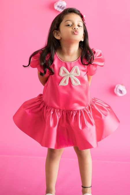 Ruchika Lath Label Pink Crystals Studded Bow Satin Dress 