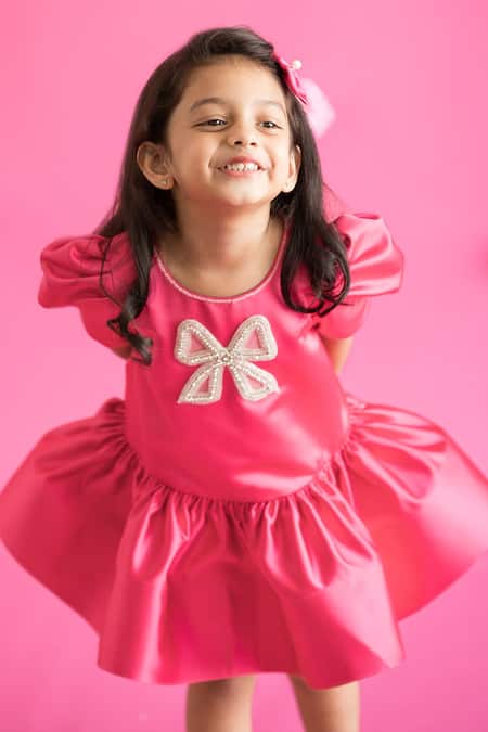 Shop Ruchika Lath Label Pink Crystals Studded Bow Satin Dress at Aza Fashions Shop_Ruchika Lath Label_Pink Crystals Studded Bow Satin Dress _at_Aza_Fashions